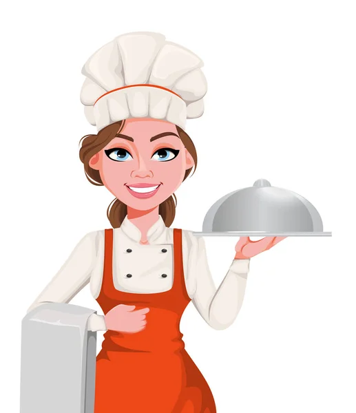 Linda jovem cozinheira. Bonita cozinheira — Vetor de Stock