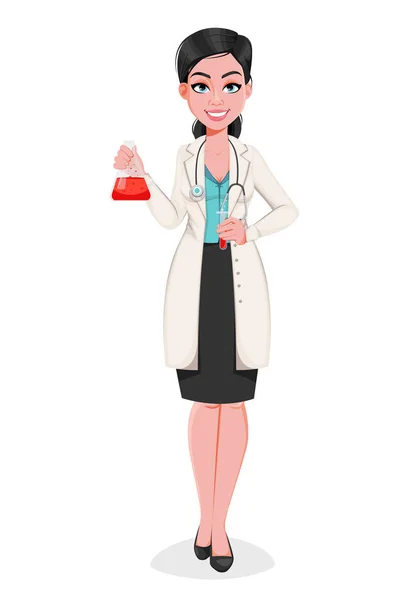 Doctora Sostiene Frasco Atractivo Confiado Personaje Dibujos Animados Médico Femenino — Vector de stock