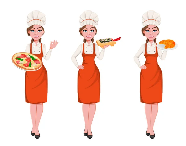 Beautiful young chef woman, set of three poses — 스톡 벡터