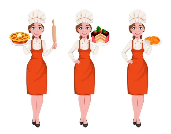 Hermosa joven chef mujer. Linda cocinera. — Vector de stock