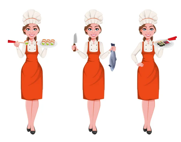 Belle jeune chef femme, ensemble de trois poses — Image vectorielle