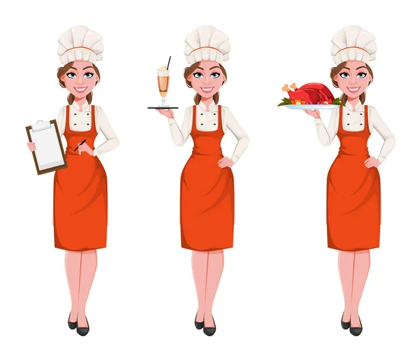 Beautiful young chef woman, set of three poses — 스톡 벡터