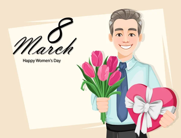 Egy férfi egy csokor tulipánnal és egy ajándékdobozzal. — Stock Vector