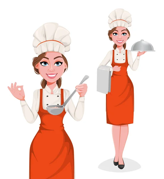 Belle jeune chef femme. Jolie cuisinière dame — Image vectorielle