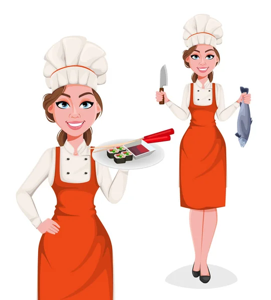 Beautiful young chef woman. Pretty cook lady — Stock Vector