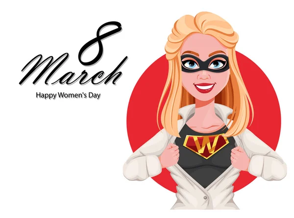 Glückliche Glückwunschkarte zum Frauentag. Superheldin — Stockvektor
