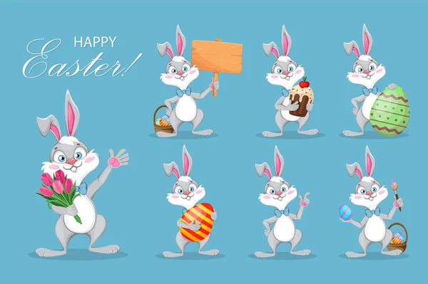Szczęśliwej Wielkanocy. Zabawny królik kreskówkowy, zestaw — Wektor stockowy