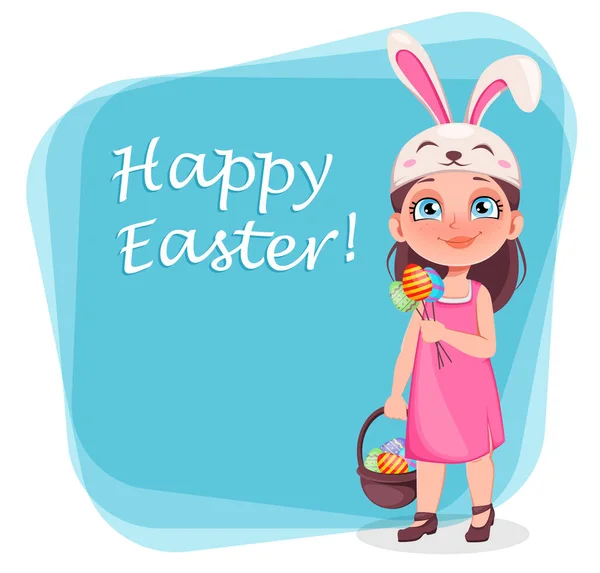 复活节快乐可爱的小女孩长着小兔子耳朵 — 图库矢量图片