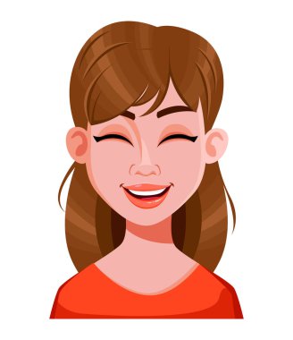 Güzel bir kadının yüzü gülüyor. Kadınsal duygular. Sevimli çizgi film karakteri. Vektör illüstrasyonu beyaz arkaplanda izole edildi.