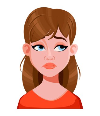 Güzel bir kadının yüz ifadesi, hayal kırıklığına uğramış. Kadınsal duygular. Sevimli çizgi film karakteri. Vektör illüstrasyonu beyaz arkaplanda izole edildi.