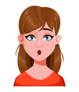 Güzel bir kadının yüz ifadesi, şaşırmış. Kadınsal duygular. Sevimli çizgi film karakteri. Vektör illüstrasyonu beyaz arkaplanda izole edildi.