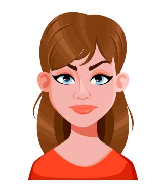 Kızgın, güzel bir kadının yüz ifadesi. Kadınsal duygular. Sevimli çizgi film karakteri. Vektör illüstrasyonu beyaz arkaplanda izole edildi.