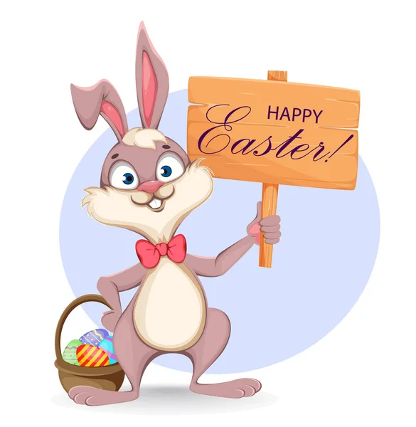 复活节快乐贺卡 卡通兔子 有木制标志和装满彩蛋的篮子 种群病媒 — 图库矢量图片