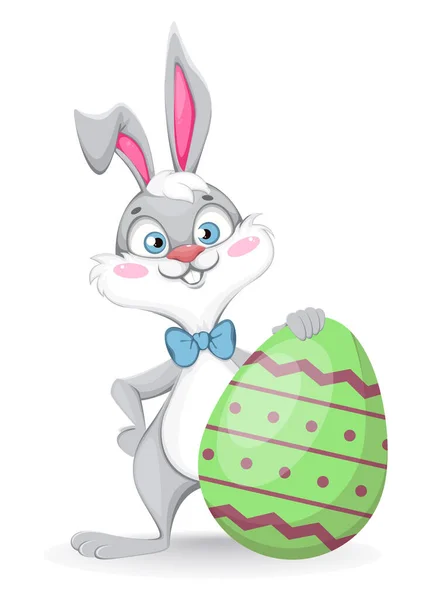Buona Pasqua Divertente Coniglio Cartone Animato Trova Vicino Grande Uovo — Vettoriale Stock