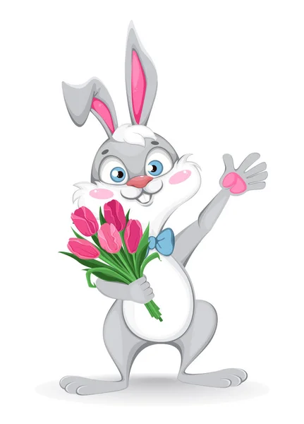 Happy Easter Greeting Card Funny Cartoon Rabbit Holds Bouquet Tulips — Stock Vector