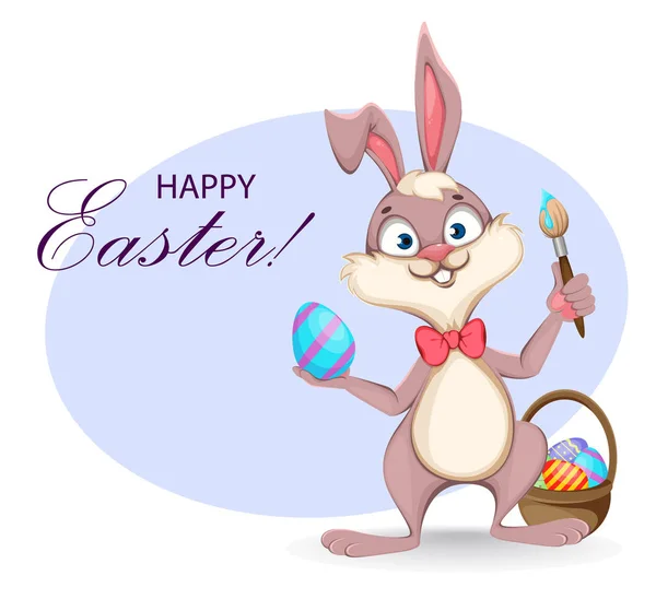 复活节快乐贺卡 有趣的卡通兔子拿着刷子和彩蛋 种群矢量说明 — 图库矢量图片