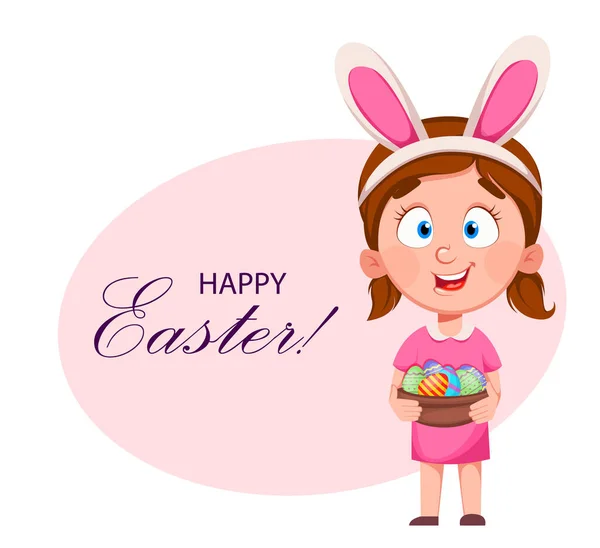 复活节快乐可爱的小女孩带着一篮子鸡蛋 长着小兔子耳朵 有趣的卡通人物 种群矢量说明 — 图库矢量图片
