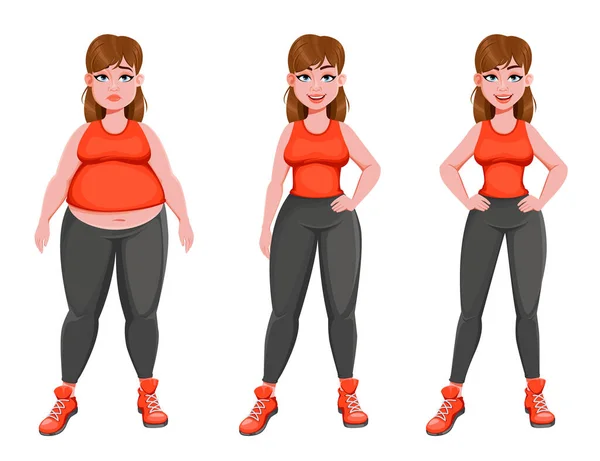 Buena Chica Antes Después Pérdida Peso Mujer Bonita Personaje Dibujos — Vector de stock