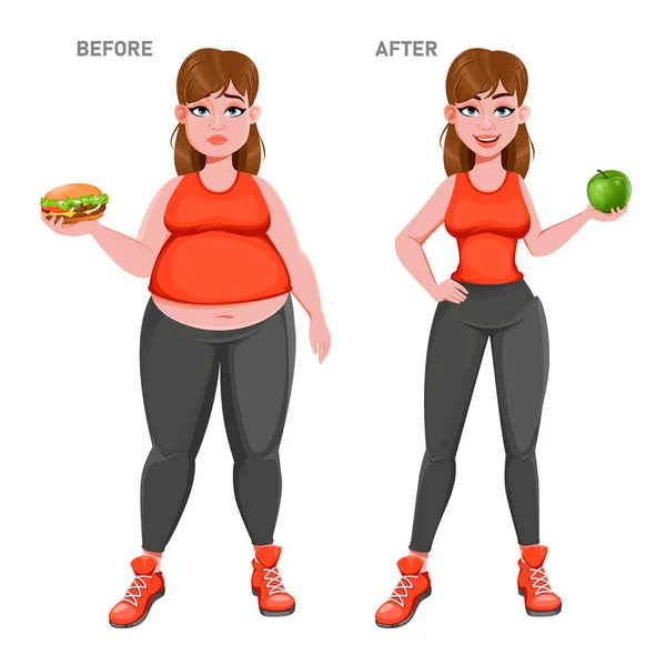 Nettes Mädchen Vor Und Nach Der Gewichtsabnahme Übergewichtige Frau Mit — Stockvektor