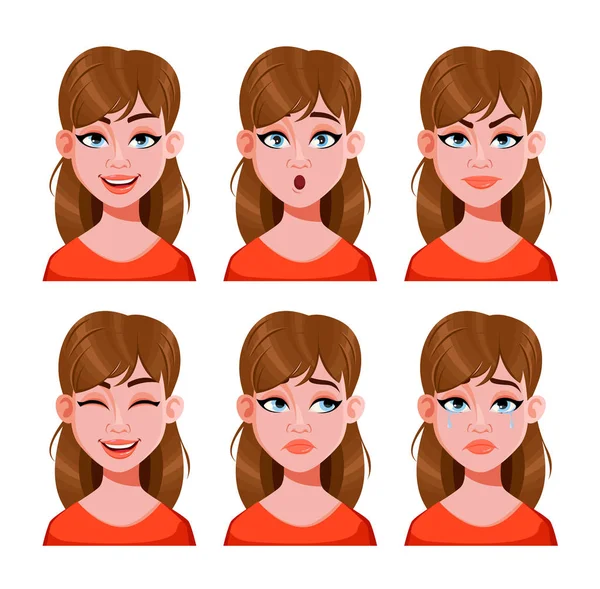 Обличчя Красивої Жінки Набір Різних Емоцій Жіночого Мультиплікаційного Персонажа Векторні — стоковий вектор