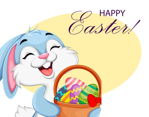 复活节兔子手里拿着一篮子鸡蛋 带有有趣复活节兔子卡通人物的贺卡 种群病媒 — 图库矢量图片