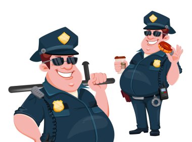 Polis memuru, iki poz. Neşeli çizgi film karakteri. Vektör illüstrasyonu beyaz arkaplanda izole edildi
