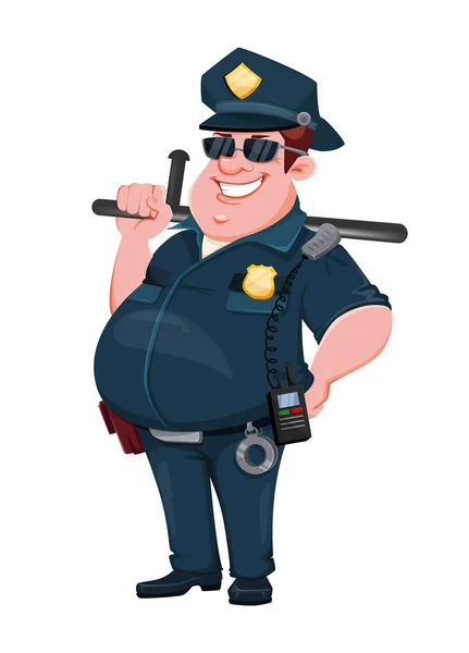 Agent Police Avec Matraque Caoutchouc Drôle Personnage Dessin Animé Illustration — Image vectorielle