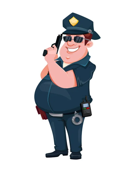 Agente Polizia Con Una Pistola Mano Cartone Animato Allegro Personaggio — Vettoriale Stock