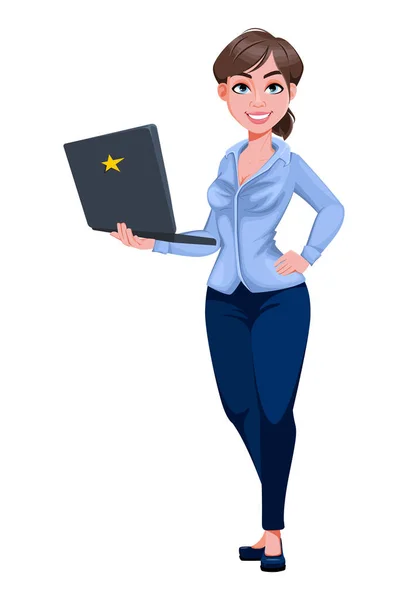 Junge Schöne Geschäftsfrau Cartoon Figur Hält Laptop Hübsche Geschäftsfrau Vektorabbildung — Stockvektor