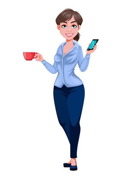 若い美しいビジネス女性漫画のキャラクターは コーヒーとスマートフォンのカップを保持しています かなりの実業家だ 白い背景のベクトルイラスト — ストックベクタ