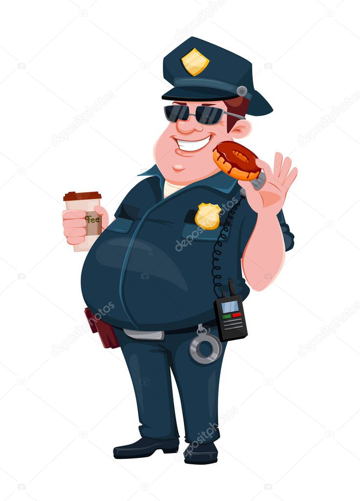 Police officer with coffee and donut. Funny cartoon character. Vector illustration isolated on white background