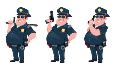 Polis memuru, üç poz. Lastik sopalı ve silahlı neşeli çizgi film karakteri polisi. Beyaz arkaplanda vektör illüstrasyonu