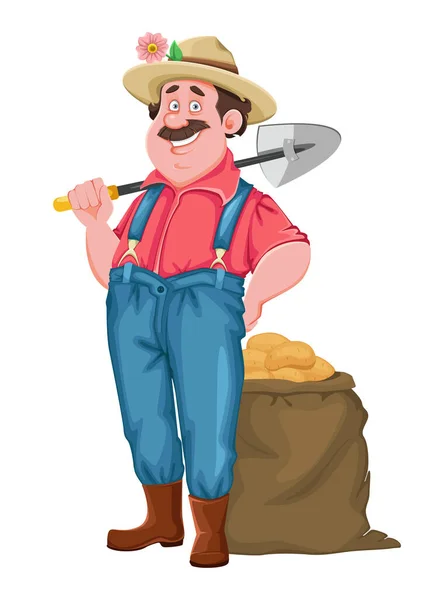 Farmer Cartoon Character Cheerful Farmer Shovel Bag Potatoes Stock Vector — Stock Vector