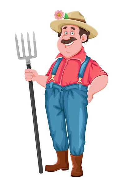 Farmer Cartoon Character Cheerful Farmer Holding Pitchfork Stock Vector Isolated — Stock Vector