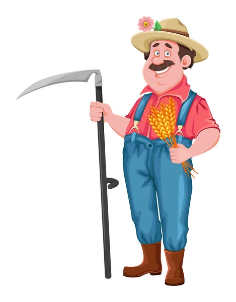 Farmer Cartoon Character Cheerful Farmer Holding Scythe Stock Vector Isolated — Stock Vector