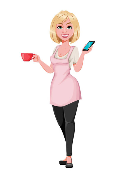 Housewife concept, young pretty stylish woman having a rest with a cup of coffee and talking by phone. Beautiful lady cartoon character. Stock vector