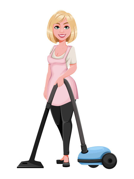 Housewife concept, young pretty stylish woman vacuuming. Beautiful lady cartoon character. Stock vector