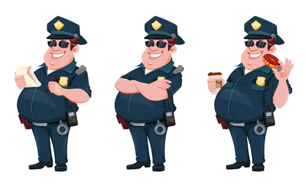 Agente Polizia Tre Pose Cartone Animato Allegro Personaggio Poliziotto Illustrazione — Vettoriale Stock