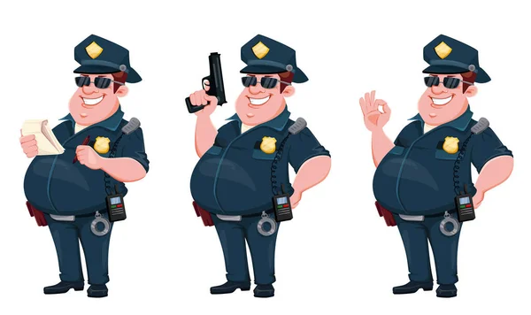 Офицер Полиции Три Позы Веселый Мультяшный Персонаж Полицейский Пистолетом Блокнотом — стоковый вектор