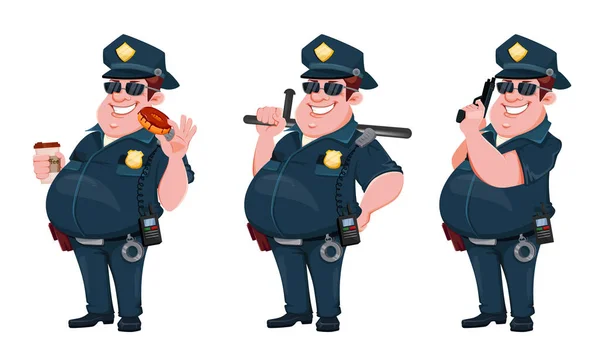 Офицер Полиции Три Позы Веселый Мультяшный Персонаж Полицейский Пончиком Кофе — стоковый вектор