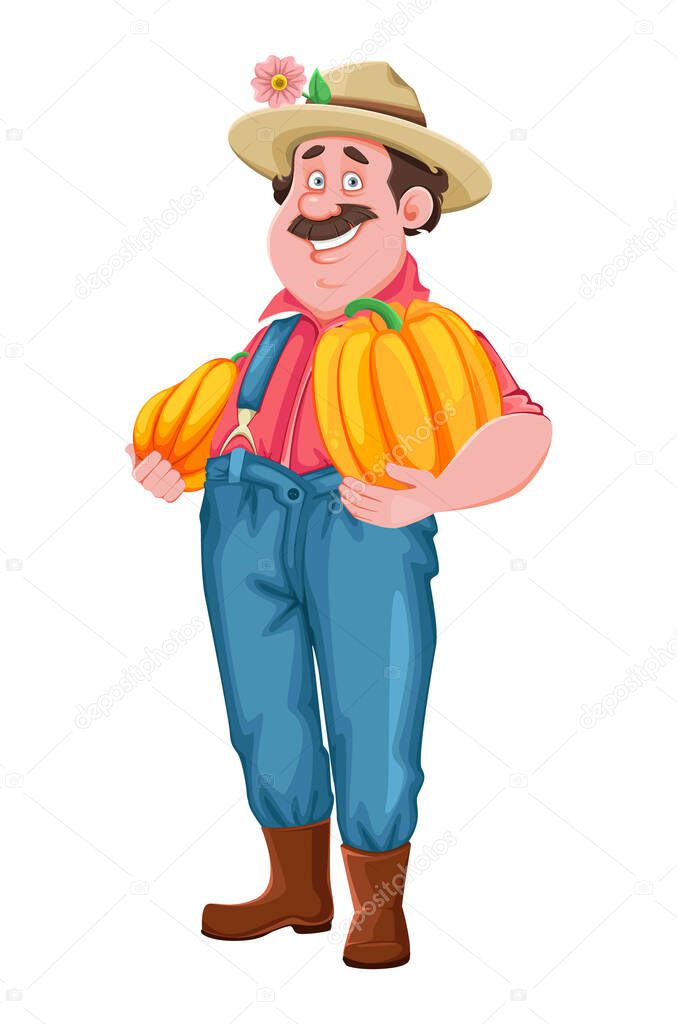 Farmer cartoon character. Cheerful farmer holding pumpkins. Stock vector isolated on white