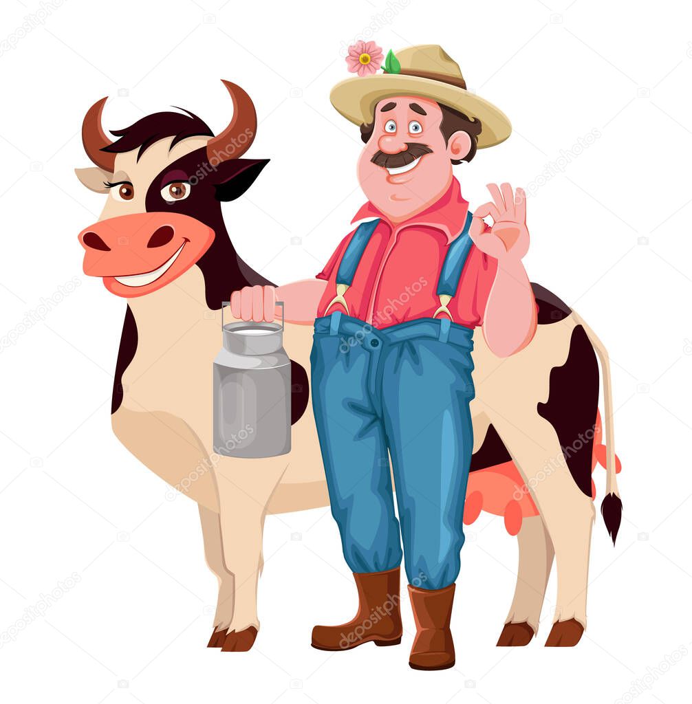 Farmer cartoon character. Cheerful farmer with cow and milk can. Stock vector isolated on white