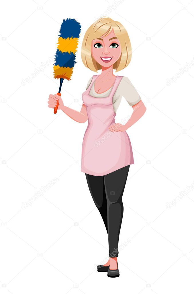 Housewife concept, young pretty stylish woman holding microfiber feather duster. Beautiful lady cartoon character. Stock vector