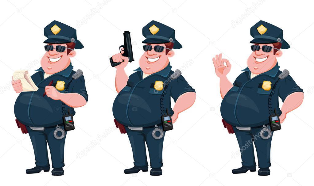 Police officer, set of three poses. Cheerful cartoon character policeman with gun, with notepad and showing ok sign. Vector illustration on white background