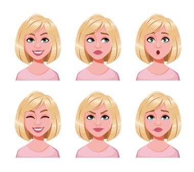 Sarışın güzel bir kadının yüz ifadeleri. Farklı kadın duyguları. Güzel kadın çizgi film karakteri. Vektör illüstrasyonu beyaz arkaplanda izole edildi.