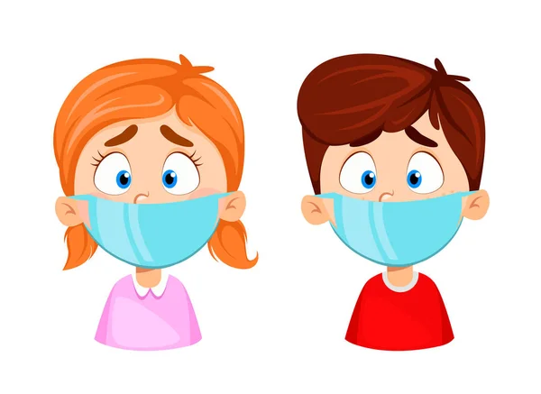 Boy Girl Medical Masks Virus Protection Covid Coronavirus 2019 Ncov — Stock Vector