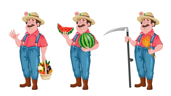 Granjero Personaje Dibujos Animados Conjunto Tres Poses Agricultor Alegre Con — Vector de stock