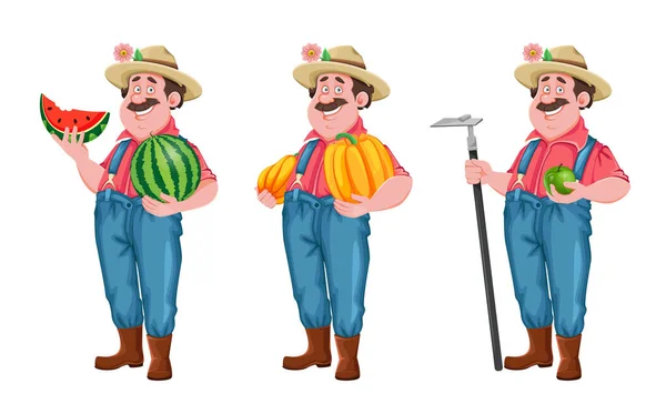 Farmer Cartoon Character Set Three Poses Cheerful Farmer Watermelon Pumpkin — Stock Vector