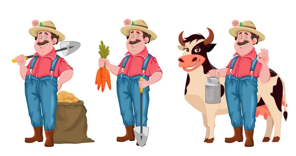 Farmer Cartoon Character Set Three Poses Cheerful Farmer Shovel Bag — Stock Vector