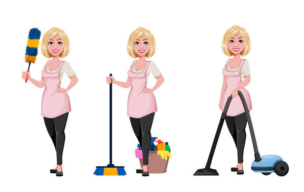 Housewife concept, young pretty stylish woman cleaning, set of three poses. Beautiful lady cartoon character. Stock vector